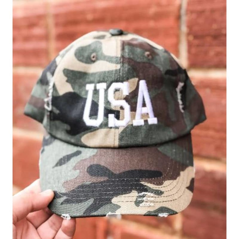 Camo Americana Patriotic USA Embroidered Distressed Hat